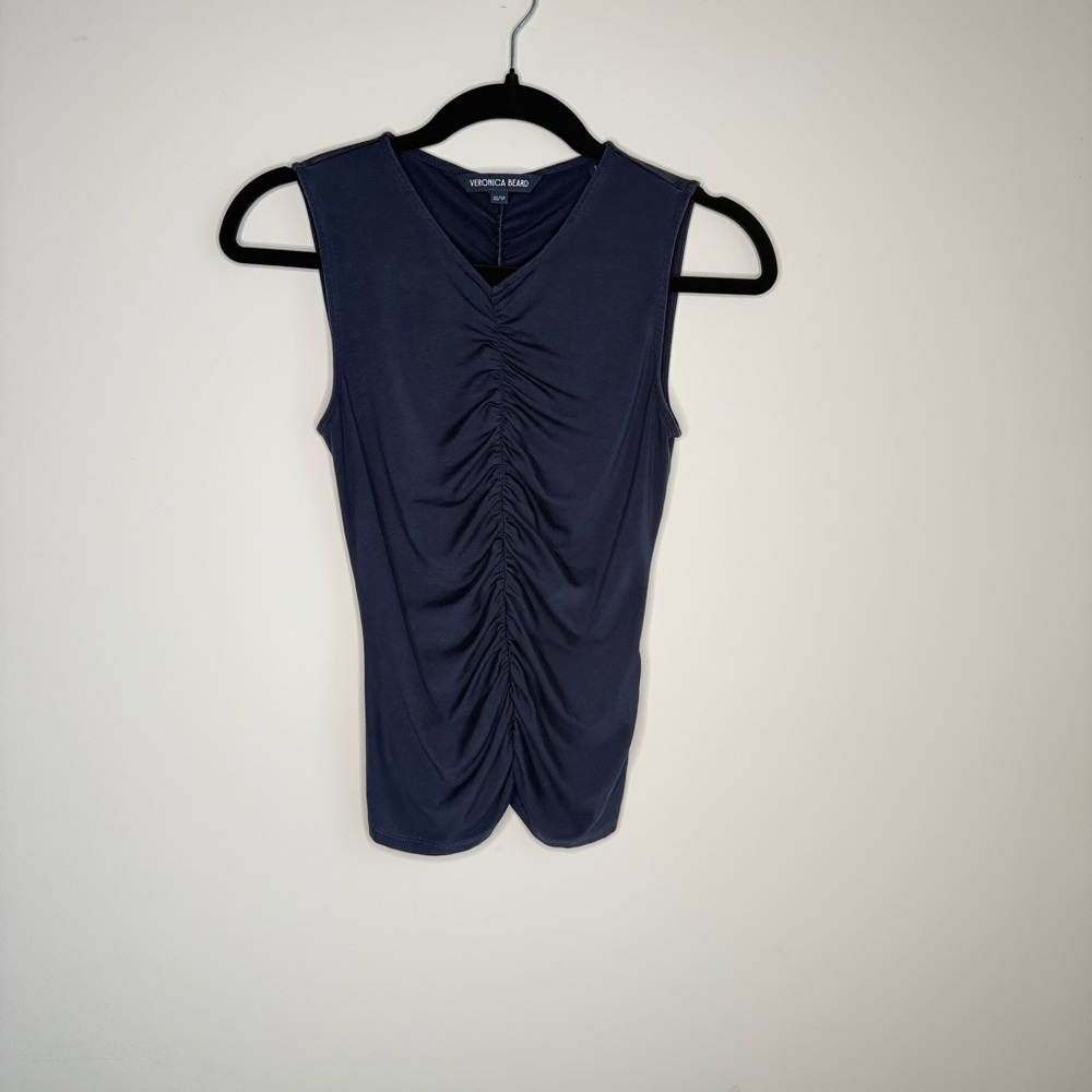 Veronica Beard Navy Blue Ruched Sleeveless V-Neck Top XS Stretch Tunic 🌹